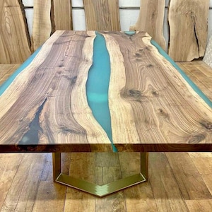 Live Edge Dining Table/ Turquoise Epoxy Resin Table/Dining Room Furniture/ Golden Steel Legs/ Walnut Epoxy Resin Table/ Living Room Table