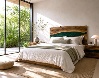 Walnut Live Edge Epoxy Headboard, Green Resin Wood Bed Frame, King Queen Custom
