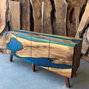 Wood Turquoise Resin Sideboard/ Media Console / Modern Walnut Buffet / Wood Blue Epoxy Cabinet / TV Unit / TV Stand / Dresser / Credenza Bar