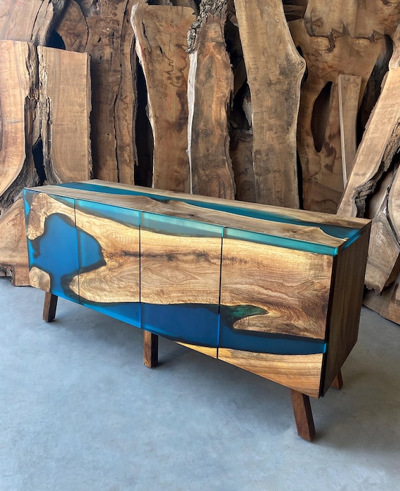 Wood Turquoise Resin Sideboard/ Media Console / Modern Walnut Buffet / Wood Blue Epoxy Cabinet / TV Unit / TV Stand / Dresser / Credenza Bar