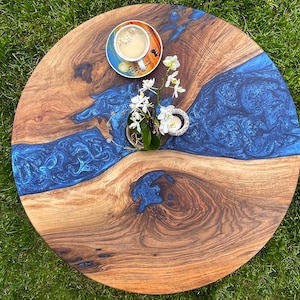 Round Epoxy Resin Coffee River Table/Walnut Wood and Transparent Matte Turquoise Resin Coffee Table/Oval Coffee Table/Side Table/Resin table