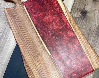 Live Edge Charcuterie Board/Walnut Wood Red Epoxy Resin River Serving Board/Anniversary Gift/Personalized Gift/Cutting board