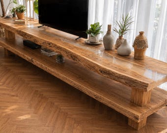 Custom Live Edge TV Stand | Wood and Epoxy Media Centre | Console Table | Rustic Walnut or Acacia Shelving Unit | Living Room Furniture