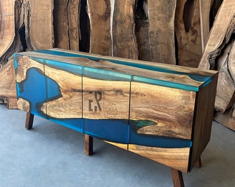 Wood Turquoise Resin Sideboard/ Media Console / Modern Walnut Buffet / Wood Blue Epoxy Cabinet / TV Unit / TV Stand / Dresser / Credenza Bar