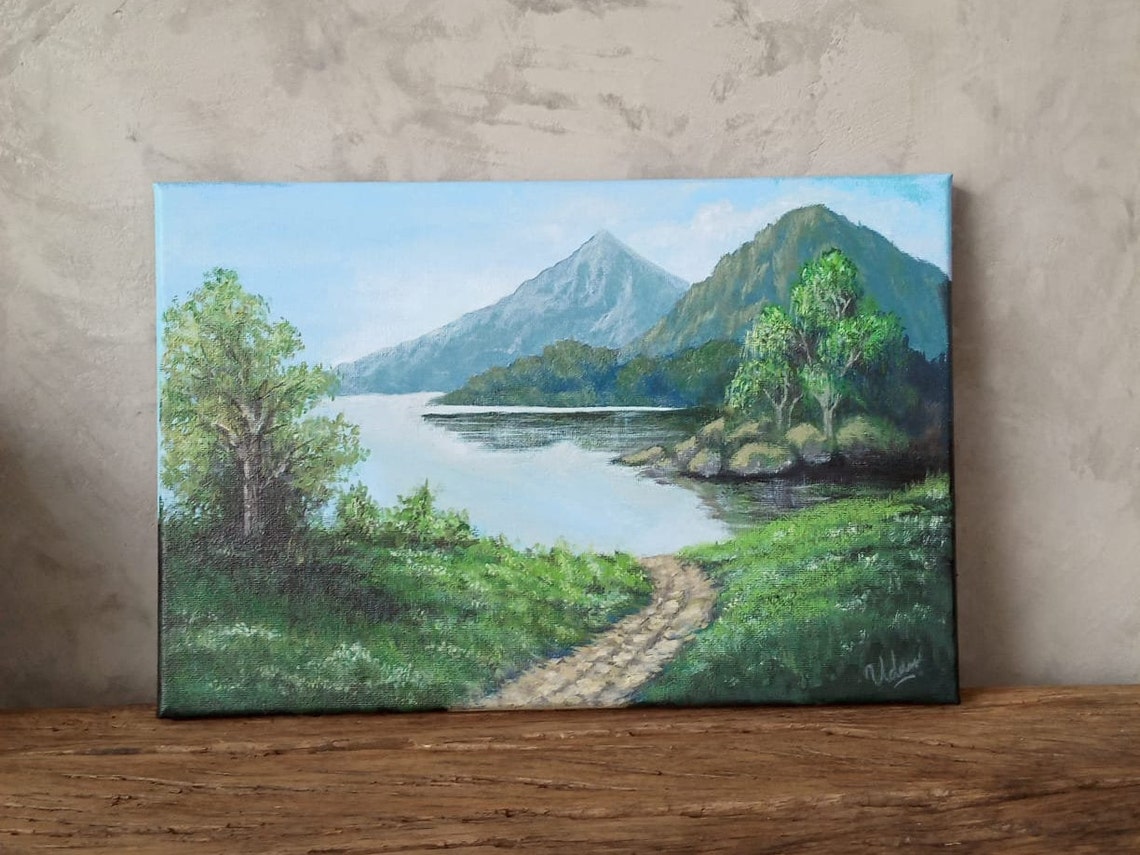 Canvas painting mountain scenary lake with trees acrylic Etsy
