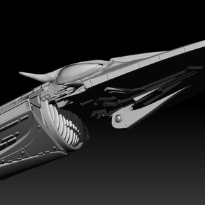 May include: A detailed 3D model of a futuristic spaceship with a sleek, angular design. The spaceship has a long, narrow body with a pointed nose and a large, flat wingspan. The model is rendered in grayscale, highlighting the intricate details of the spaceship's design.
