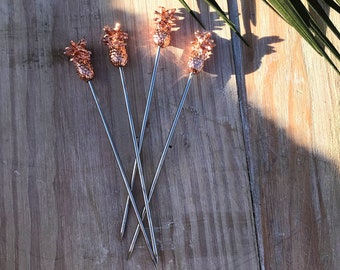 Rose Gold Pineapple Cocktail Picks: Tropical Tiki Bar Drink Stirrers