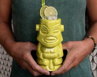 Handmade Lime Green Tangaroa Tiki Mug: Ceramic Cocktail Barware