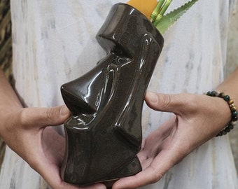 Handmade Moai Tiki Mug: Dark Grey Ceramic Cocktail Glass