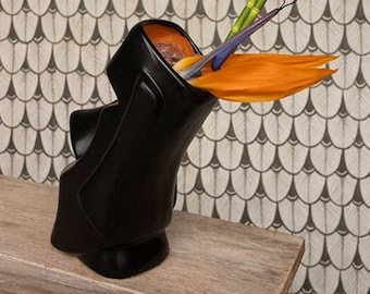 Handmade Moai Tiki Mug: Black with orange inside  Ceramic Cocktail Barware