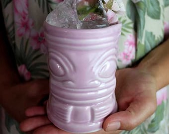Handmade Ceramic Tiki Mug: Marqui Marq Pink Polynesian Cocktail Mug