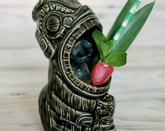 Handmade Cannibal Tiki Mug: Green Glaze, Tahitian Carving