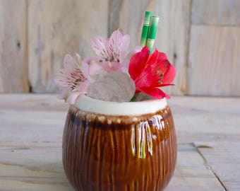 Handmade Coconut Ceramic Tiki Mug – Polynesian Cocktail Cup, Tropical Drinkware, Island Style Bar Mug, Tiki Bar Decor