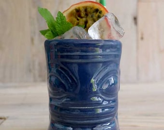Handmade Ceramic Tiki Mug: Dark Blue Polynesian Cocktail Barware