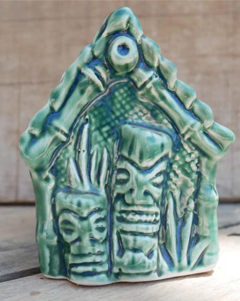 Unique Tiki mug designed as a miniature grass shack, ideal for home bars and Tiki parties.