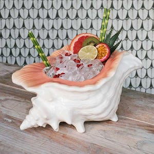 May include: A white ceramic seashell-shaped cocktail glass filled with ice, fruit, and bamboo straws. The fruit includes slices of grapefruit, kiwi, lime, and passion fruit. The rim of the glass is a light pink color.