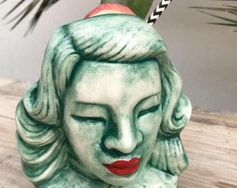 Hand Painted Blue Lady Tiki Mug - Unique Ceramic Cocktail Mug - Handmade Barware - Tropical Drink Cup - Tiki Bar Decor