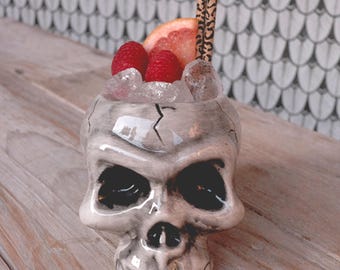 Handmade Ceramic Skull Tiki Mug: Black & White Polynesian Barware