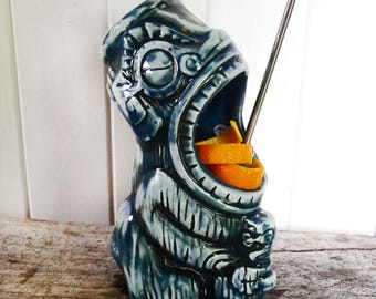 Handcrafted Cannibal Tiki Mug: Blue Tahitian Style Drinkware