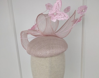 Pink Sinamay Fascinator Hat: Handmade Lace Butterfly Derby Hat