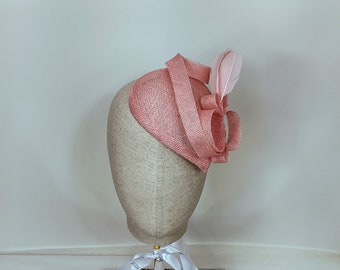 Peach Pink Sinamay Fascinator: Feather Accented Occasion Hat
