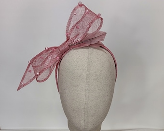 Handmade Mauve Fascinator Headband, Pearl Bow, Bridal Headpiece