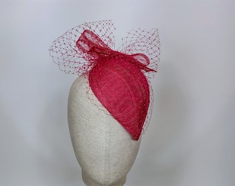 Fuchsia Pink Sinamay Fascinator: Vintage Veil Percher Hat