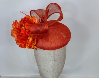 Orange Sinamay Fascinator Hat: Floral Kentucky Derby Race Day Headpiece