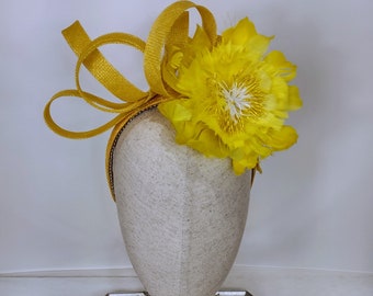 Yellow Sinamay Fascinator Headband: Feather Flower, Derby Hat