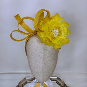 Yellow Sinamay Fascinator Headband: Feather Flower, Derby Hat