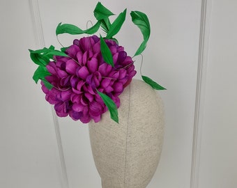 Purple Peony Fascinator: Magenta Sinamay Hat, Feather Details