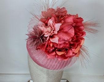 Coral Pink Sinamay Fascinator: Feather Flower Derby Hat