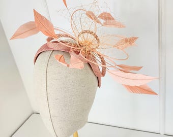 Peach Pink Sinamay Fascinator, Feather Headband, Race Day Headpiece