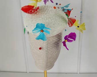 Handmade Sinamay Fascinator: White Multicolor Flower Feather Hat