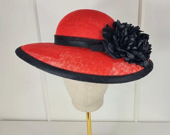 Red and Black Sinamay Hat, Kentucky Derby Church Hat (Size Small)