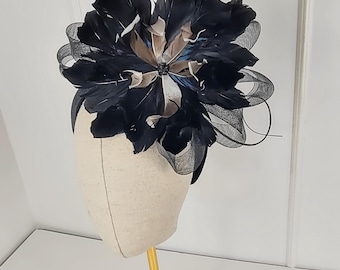 Black  Fascinator Headband, Feather Flower Bow Headpiece, Wedding, Ascot Race Day, Derby