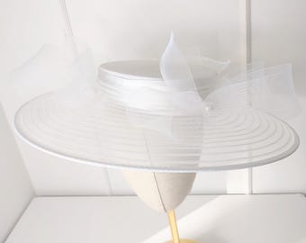 White Boater Sinamay Straw Hat: Wide Brim, Satin Ribbon, Pearls, Bows