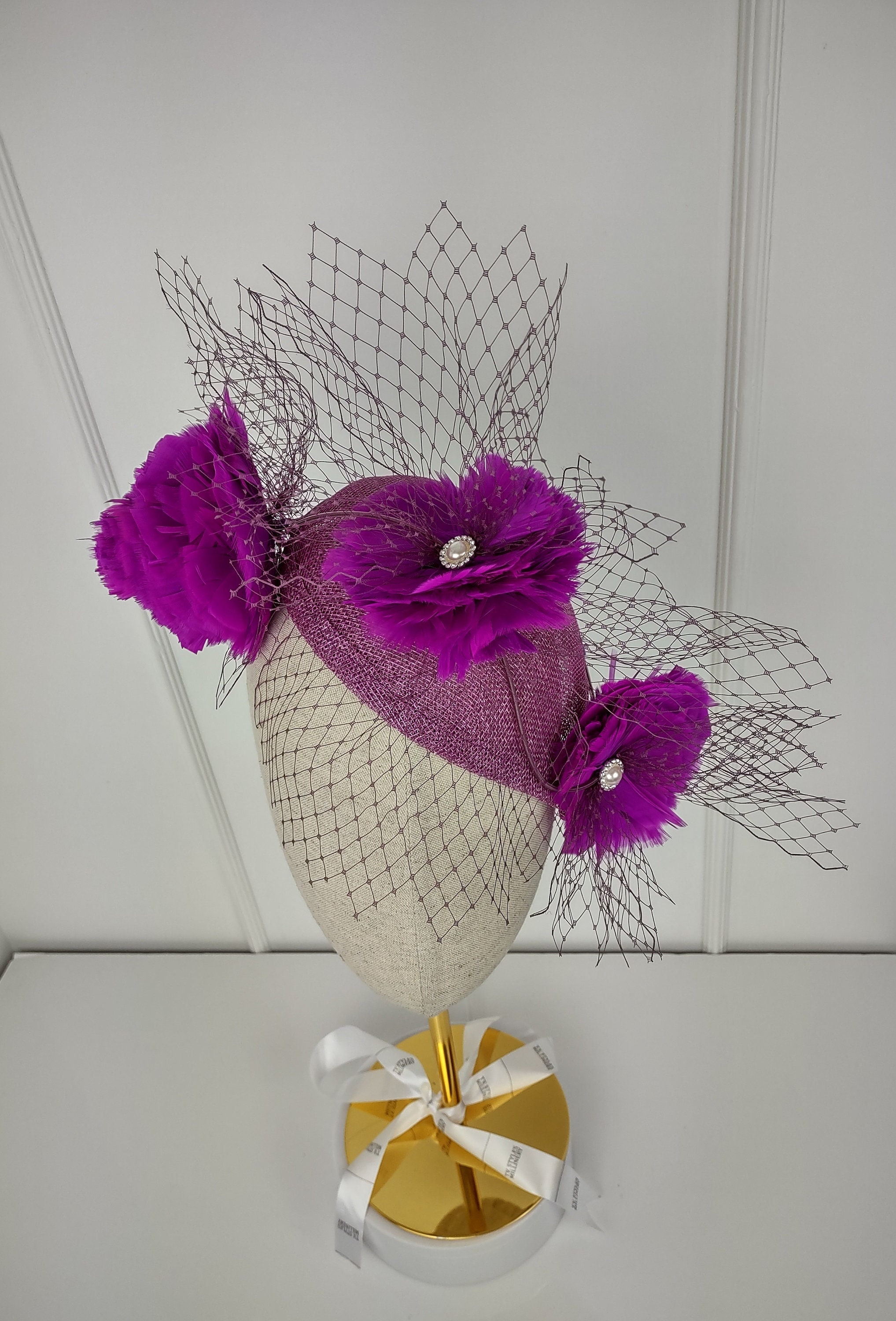Purple Sinamay Fascinator: Feather Flower Kentucky Derby Hat 
