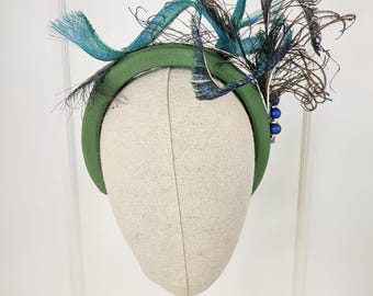 Green Fascinator Headband,  Peacock Feather Headpiece, Wedding, Ascot Race Day, Derby