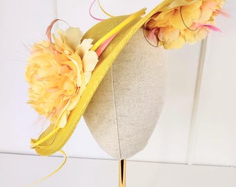 Canary Yellow Floral Kentucky Derby Hat, Feather Fascinator, Wedding Tea Party Headpiece