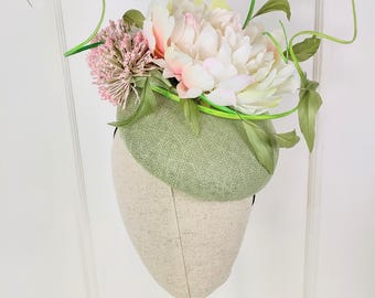 Mint Green Sinamay Feather Fascinator, Floral Wedding Hat, Race Day Ascot Accessory