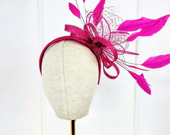 Pink Sinamay Feather Fascinator Headband, Kentucky Derby Headpiece