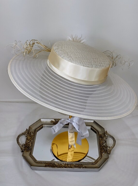 Sinamay Straw Hat: Off-white Feather Pom, Satin Ribbon - Etsy display picture 3