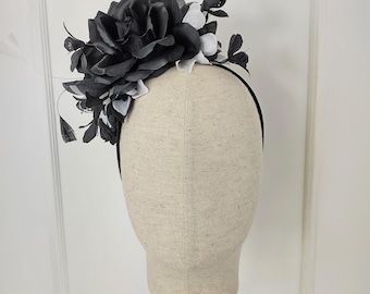 Black & White Flower Fascinator Headband: Derby, Wedding, Church