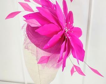 Fuchsia Pink Sinamay Fascinator Hat: Wedding, Kentucky Derby, Mother of Bride
