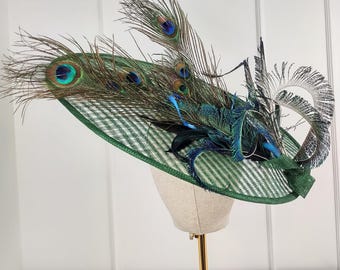 Green Sinamay Hatinator, Peacock Feather Trim, Wide Brim Occasion Hat