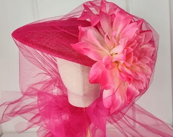 Hot Pink Sinamay Fascinator: Floral Derby Hat with Tulle