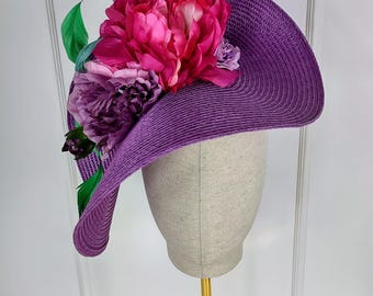 Purple Straw Fascinator Hat, Pink Floral Race Day Fashion