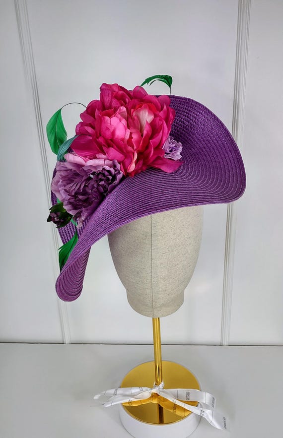 Purple Straw Fascinator Hat, Pink Floral Race Day Fashion - Etsy display picture 1