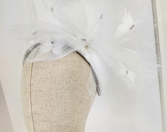 White Fascinator Headband, Crinoline Butterfly Embellishments, Special Occasion Bridal Headpiece